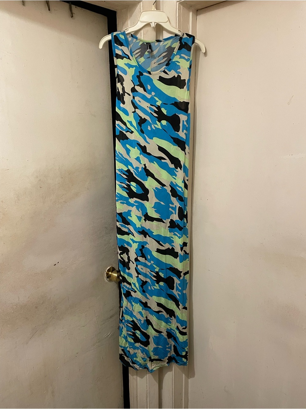 True Rock Women’s Blue Green Camo Round Neck Sleeveless Stretch Maxi Dress L